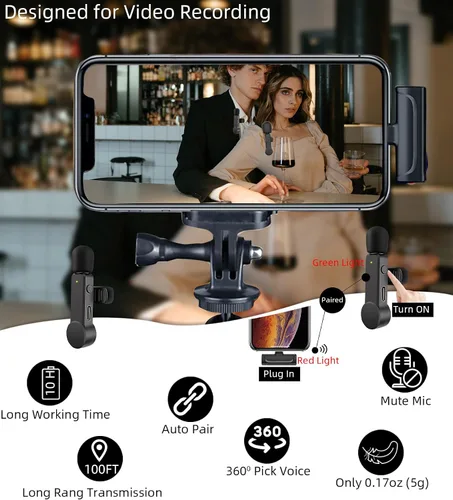 Vista 2 de NPTCL Paquete de 2 micrófonos Lavalier USB C inalámbrico Lav Mic para teléfono Android Cancelación de ruido Mini micrófono de solapa tipo C