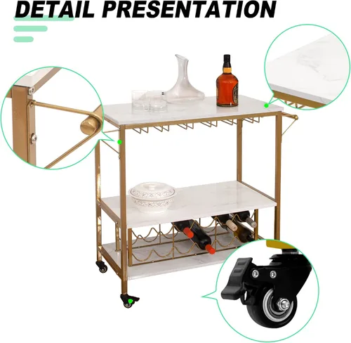 Vista 4 de Carrito de servicio para bar, almacenamiento de botellas y estante para copas de vino, mármol y oro