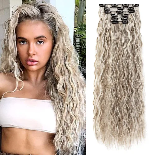 Vista 17 de LONAI - Extensiones de cabello con clip, 6 piezas, rizadas, de 24" de largo, sintéticas, para mujer, color rubio ceniza natural