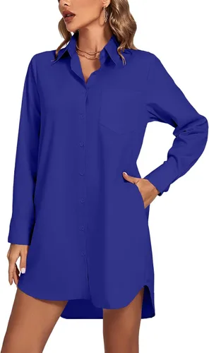 Vista 8 de LYANER Vestido camisero para mujer con cuello en V, botones, manga larga y dobladillo curvado