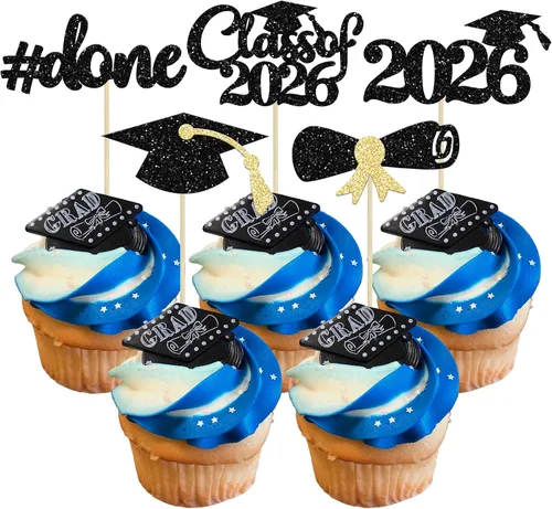 Vista 43 de Gyufise 24 piezas Adornos para pastel de graduación 2026 con purpurina negra, clase de 2026, adornos para magdalenas con gorra de graduación