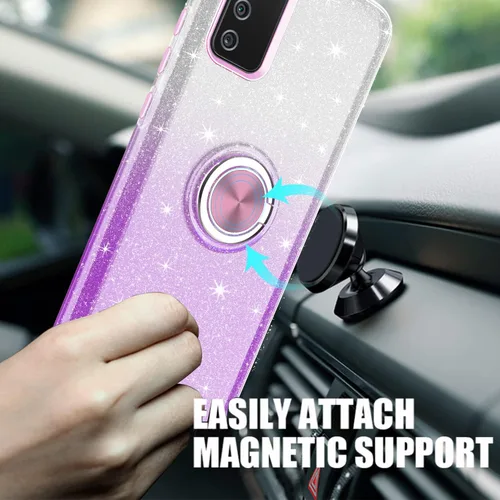 Vista 3 de TJS Funda compatible con Samsung Galaxy A02S, con protector de pantalla de vidrio templado, anillo de metal, soporte magnético, tono brillante