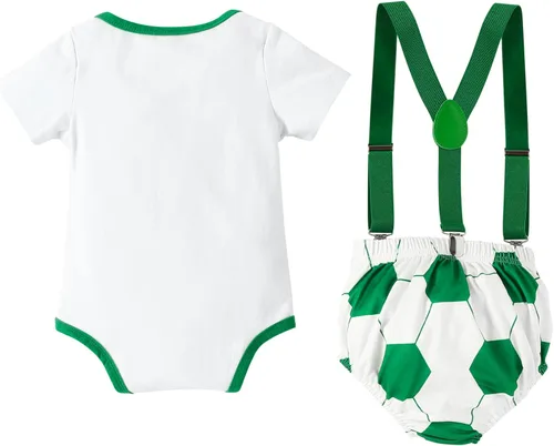 Vista 2 de Ropa para bebé niño, trajes de fútbol con temática de deportes de fútbol, accesorios de fotos, mameluco con tirantes, pantalones cortos