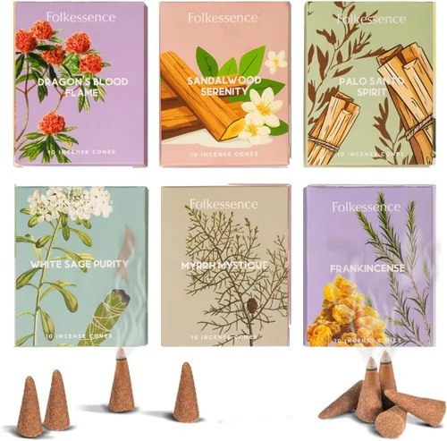 Vista 13 de Folkulture Conos de Incienso Perfumados Juego de 6 (120 Conos) con Porta Conos de Incienso Incienso de Lavanda, Palo Santo, Incienso de Sándalo