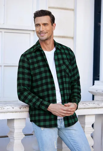 Vista 2 de COOFANDY Camisas de franela a cuadros de manga larga con botones para hombre