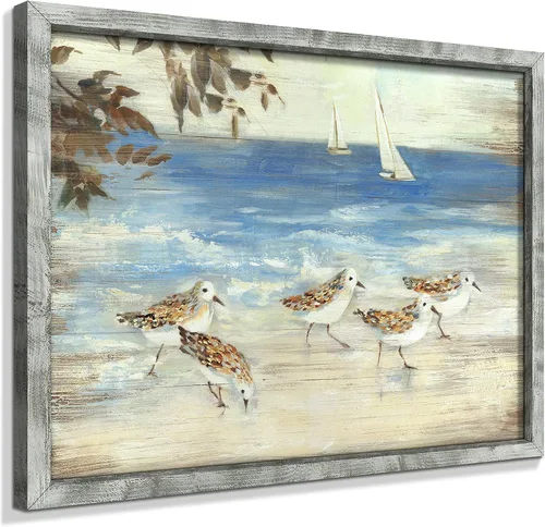 Vista 13 de Pintura enmarcada de paisaje marino: arte abstracto del océano, imagen costera, impresiones de veleros en madera en estilo moderno para decoración