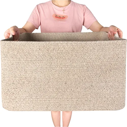Vista 13 de MINTWOOD Design Canasta de Manta Extra Grande de 22 Pulgadas para Sala de Estar, Canasta de Almacenamiento de Cuerda Tejida Rectangular con Asas