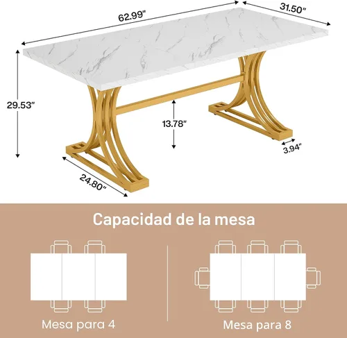 Vista 2 de Tribesigns Mesa de comedor rectangular de 63 pulgadas para 4 a 6, mesas de cocina modernas con elegantes patas de caballete de metal, mesas grandes