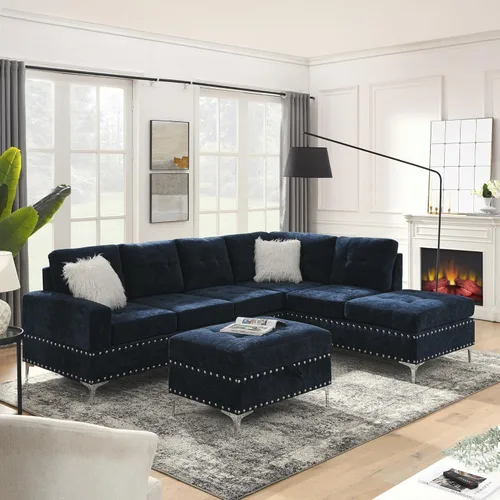 Vista 9 de DEINPPA Juegos de muebles de sala de estar, sofá modular reversible en forma de L, otomano de almacenamiento y portavasos, sofá tapizado