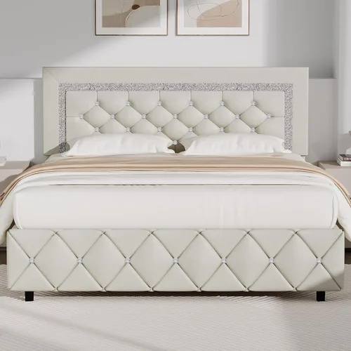 Vista 9 de BarnFurin Base de cama individual con cabecero, cama tapizada con diseño capitonado de diamante, marco de cama para niños con soporte de listones