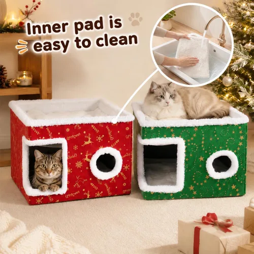 Vista 5 de Cama de Navidad para gatos grandes para interiores con almohadilla para Verde