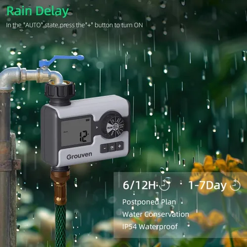 Vista 5 de Regadera de jardín con temporizador de agua programable con retardo de lluvia, sistema de riego manual, automático, 1 salida