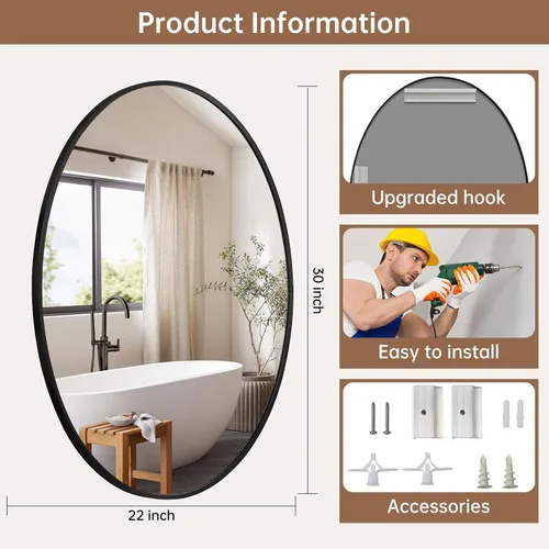 Vista 5 de Espejo ovalado negro para baño, espejo de baño ovalado de 22 x 30 pulgadas con marco de metal cepillado, espejo de tocador decorativo montado
