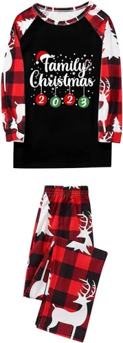 Vista 4 de Pijamas de Navidad a juego para la familia, pijamas clásicos de Navidad a cuadros rojos, divertidos pijamas lindos conjuntos de ropa de dormir