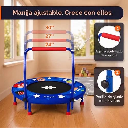 Vista 4 de Happin 36" Toddler Trampoline for Kids with Handlebar, Foldable Indoor Mini Azul y rojo