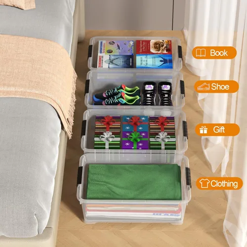 Vista 7 de Saedy 4 paquetes de plástico bajo la cama caja de almacenamiento poco profunda con ruedas 20 L Bajo el contenedor de cama con tapas