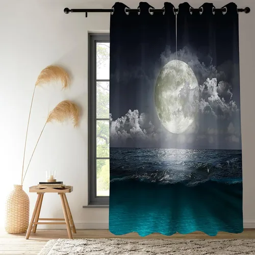 Vista 3 de Renaiss Cortinas opacas con luna llena y océano, cortinas de ventana de paisaje nocturno para dormitorio, nivel del mar, cortinas de ventana