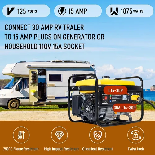 Vista 4 de Adaptador de corriente de 30 A a 15 A RV NEMA 5-15P a L5-30R, convertidor de bloqueo giratorio de 110 V para RV, cámper, camioneta, remolque