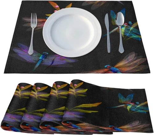 Vista 2 de Juego de 4 manteles individuales con temática de libélula y animales, lavables, impermeables, para fiestas, hogar, comedor, decoración de mesa de 18
