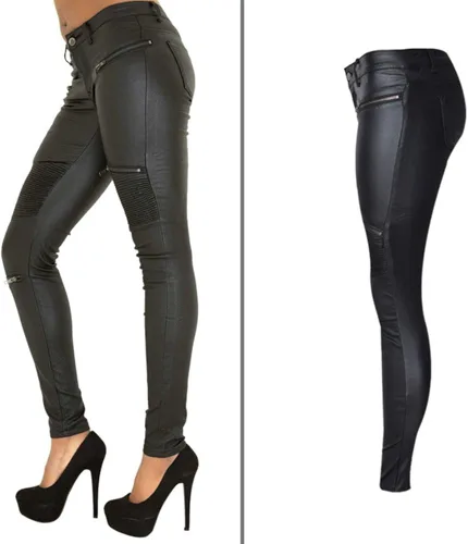 Vista 3 de Newbestyle - Pantalones de mezclilla de piel sintética con estilo para mujer