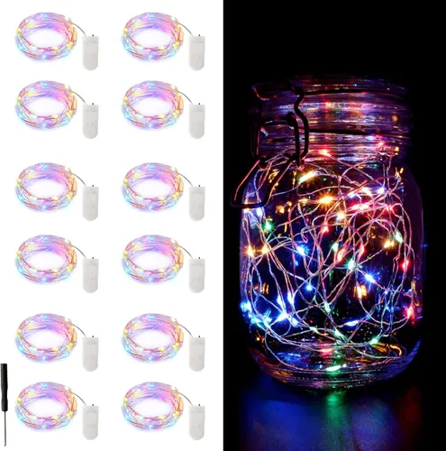 Vista 8 de Paquete de 12 luces de hadas que funcionan con pilas, 7 pies, 20 luces LED de alambre plateado