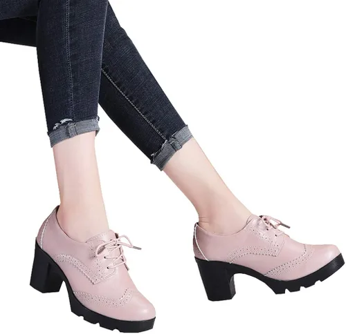 Vista 7 de DADAWEN - Zapatos clásicos de cuero para mujer, con cordones, de tacón medio cuadrado y grueso con plataforma y puntera, para pantalones oxford