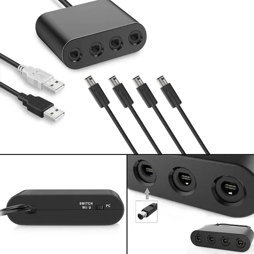 Vista 7 de 4 controladores para Gamecube con 4 cables de extensión y adaptador USB de 4 puertos para Switch PC consola Wii U BPOS