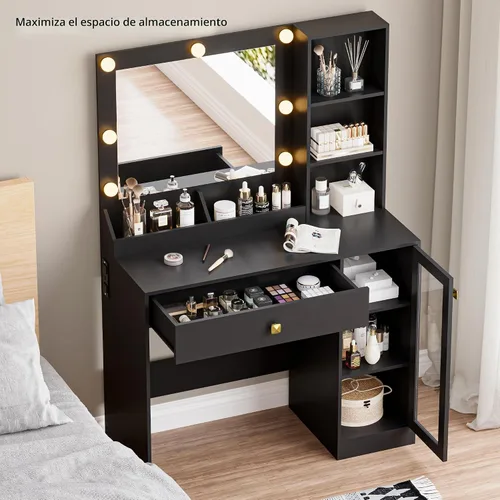 Vista 5 de BORNOON Escritorio pequeño con espejo y luces, escritorio de tocador de maquillaje con brillo ajustable, 3 modos de luz, armario de almacenamiento