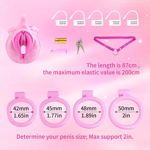 Vista 2 de Jaula de castidad masculina ligera ABS + dispositivo de castidad de resina, juguetes sexuales para adultos con 4 tamaños diferentes de anillos, Rosa
