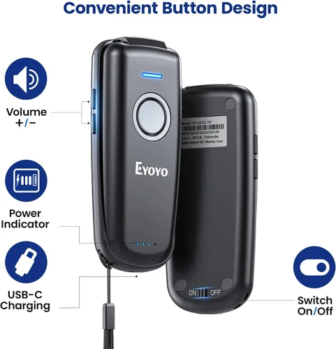 Vista 2 de Eyoyo Mini escáner de código de barras inalámbrico: escáner de código de barras Bluetooth portátil 3 en 1 con indicador de nivel de batería, lector