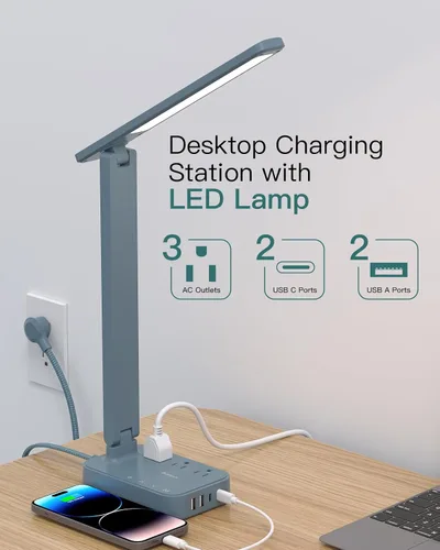 Vista 2 de Addtam Lámpara LED de escritorio, tira de alimentación con 3 tomas, 4 puertos de carga USB (2 USBC), 4 modos, lámpara táctil de 5 niveles de brillo
