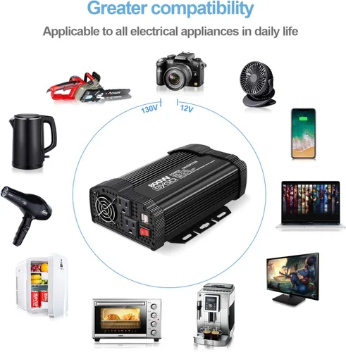 Vista 4 de BYGD Convertidor de inversor de corriente de 800 W, 12 V CC a 110 V CA, adaptador de enchufe de automóvil, cargador de salida con doble salida de CA
