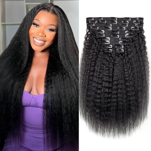 Vista 17 de Extensiones de cabello rizado kinky con clip para mujeres negras 14 pulgadas 2# marrón oscuro extensiones de cabello rizado con clip cabello humano