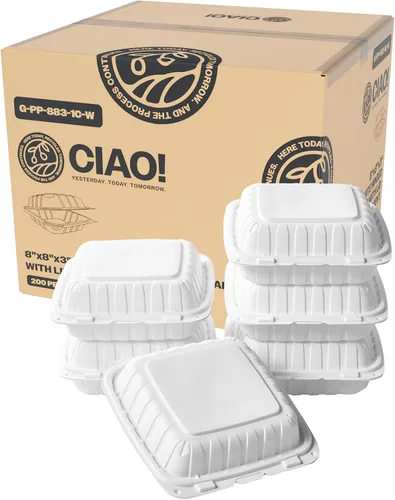 Vista 16 de CIAO! Contenedor negro con bisagras MFPP de 6"x6"x3" con tapa, 1 compartimento (caja de 300)