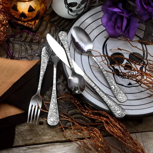 Vista 5 de Liberty Tabletop Calavera (Skull) - Juego de cubiertos (20 piezas) para 4 cubiertos 18/10, fabricado en Estados Unidos