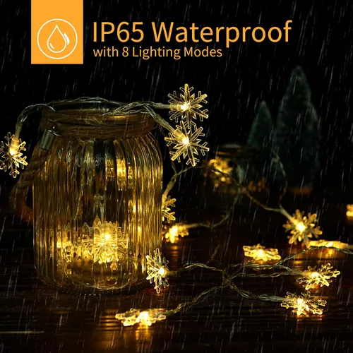 Vista 3 de Brightown Guirnalda de luces solares de copo de nieve de Navidad, paquete de 2 unidades, 100 luces LED de 78 pies para exteriores, impermeables