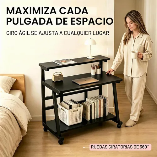 Vista 6 de Escritorio compacto de 31.5 pulgadas para computadora con mesa de trabajo de niveles y ruedas con bloqueo, escritorio pequeño para dormitorio