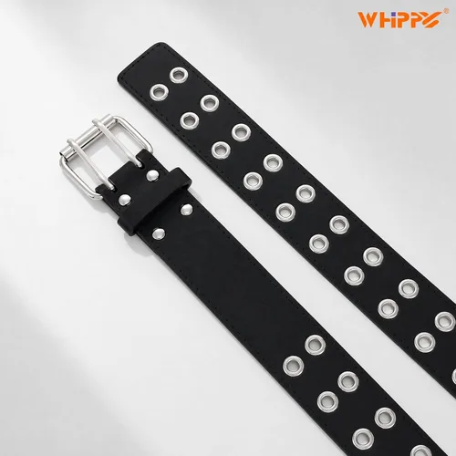 Vista 5 de WHIPPY Double Grommet Belt for Women Men PU Leather Double Prong Buckle Vintage Punk Rock Jeans Belts with Chain A-Negro