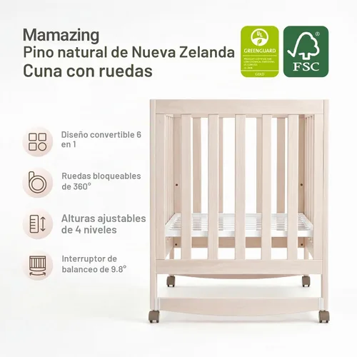 Vista 2 de MAMAZING EvoNest - Mini cuna convertible 6 en 1 con ruedas GREENGUARD Gold Certified, New Zealand Pine Wood, 4 Adjustable Heights, Rocking Mode
