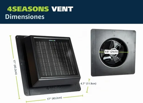 Vista 6 de Ventilador solar de ventilación 4SEASONS para ático – 400 CFM de flujo de aire, hasta 500 pies cuadrados, panel solar de 12 W, certificado CSA A93