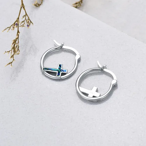 Vista 5 de Aretes de aro con cruz para mujer, plata de ley 925, con concha de abulón, regalos para mujeres y niñas