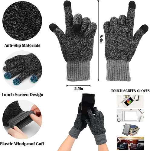 Vista 3 de Guantes para hombre para clima frío invierno cálido de felpa gris oscuro gorro de punto grueso para Navidad Año Nuevo regalo de cumpleaños