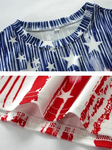 Vista 5 de Camisetas patrióticas para niñas del 4 de julio con volantes y bandera americana, manga corta, color rojo, blanco y azul, con estrellas