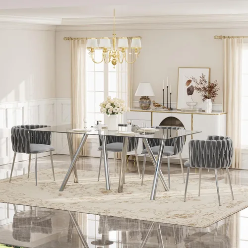 Vista 10 de Glam Style - Juego de 5 mesas de comedor para 4, mesa de comedor rectangular de vidrio templado de 71 pulgadas con base de metal dorado, sillas