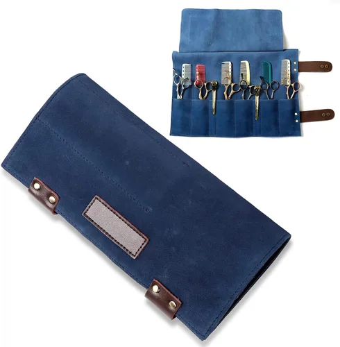 Vista 10 de Bolsa de tijeras de salón enrollable, 12 bolsillos de cuero genuino para estilista, soporte para tijeras de peluquería para peluquería Hj-ZP011-negro