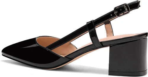 Vista 4 de Zapatos de tacón bajo de charol grueso de 1.5 pulgadas con correa al tobillo y puntera puntiaguda, zapatos de vestir para negocios