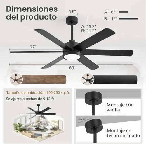 Vista 9 de Ventiladores de techo de 60 pulgadas con luces y control remoto, ventilador