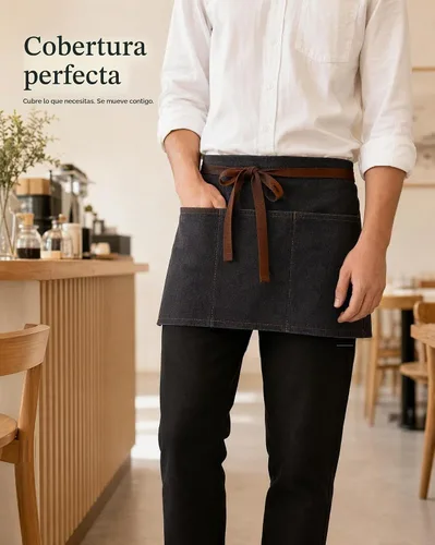 Vista 8 de Toyvian Durable Denim Waist Apron with 3 Pockets Unisex, Short Half Server Apron for Waiter Waitress, Bar, Cafe & Kitchen