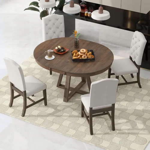Vista 13 de Juego de mesa de comedor funcional retro de 5 piezas, mesa de comedor redonda extensible de madera y 4 sillas de comedor tapizadas para restaurante