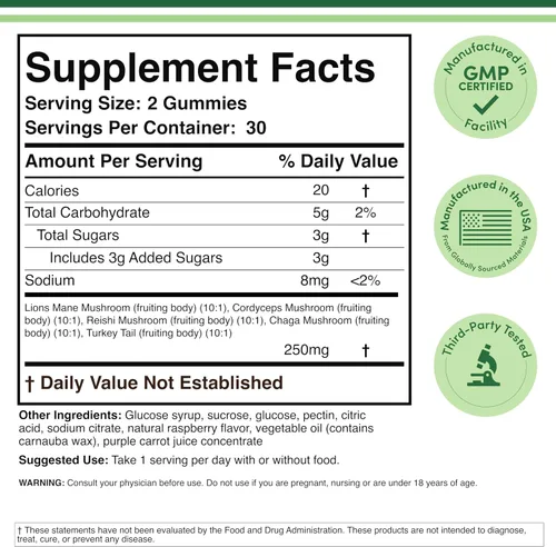Vista 2 de Double Wood Supplements Suplemento de gomitas de hongos, 60 unidades (250 mg por porción), extractos de cola de melena de león, cordyceps, reishi